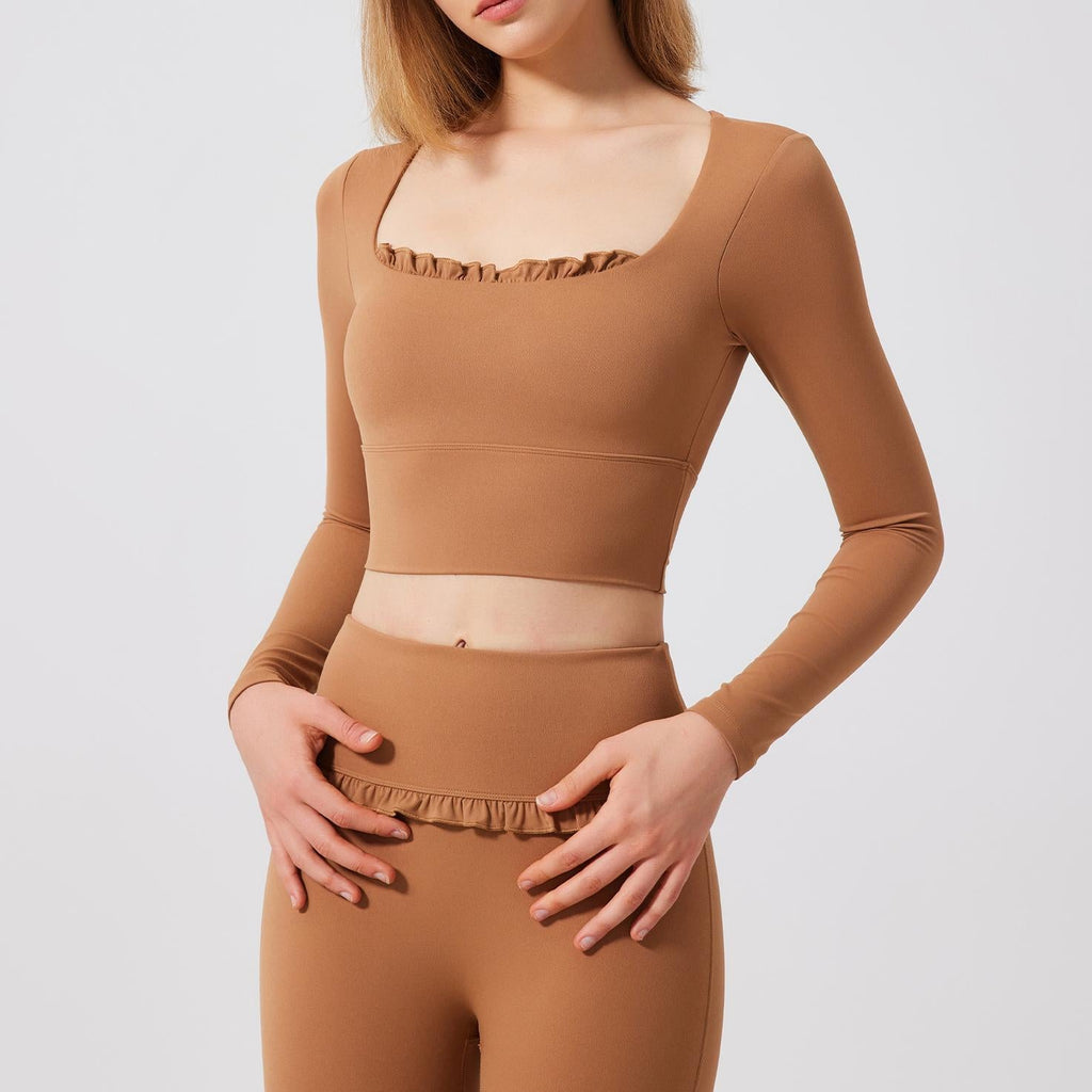 Herbst Winter Nude Feel Spitze Yoga Kleidung Langarm Semi Fixed Cup Laufen Schlank Sport BH Atmungsaktive Workout Kleidung Top