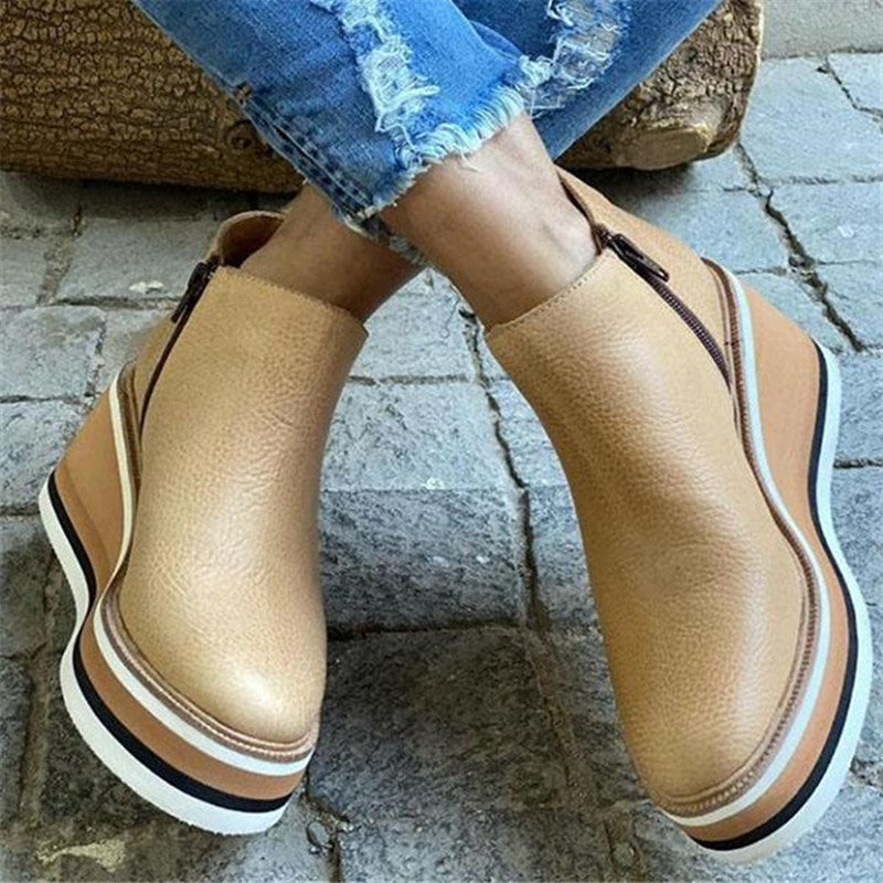 Keilstiefeletten für Damen Herbst Winter Seitlicher Reißverschluss Mittelhoher Absatz Lederoberfläche Knöchelstiefel