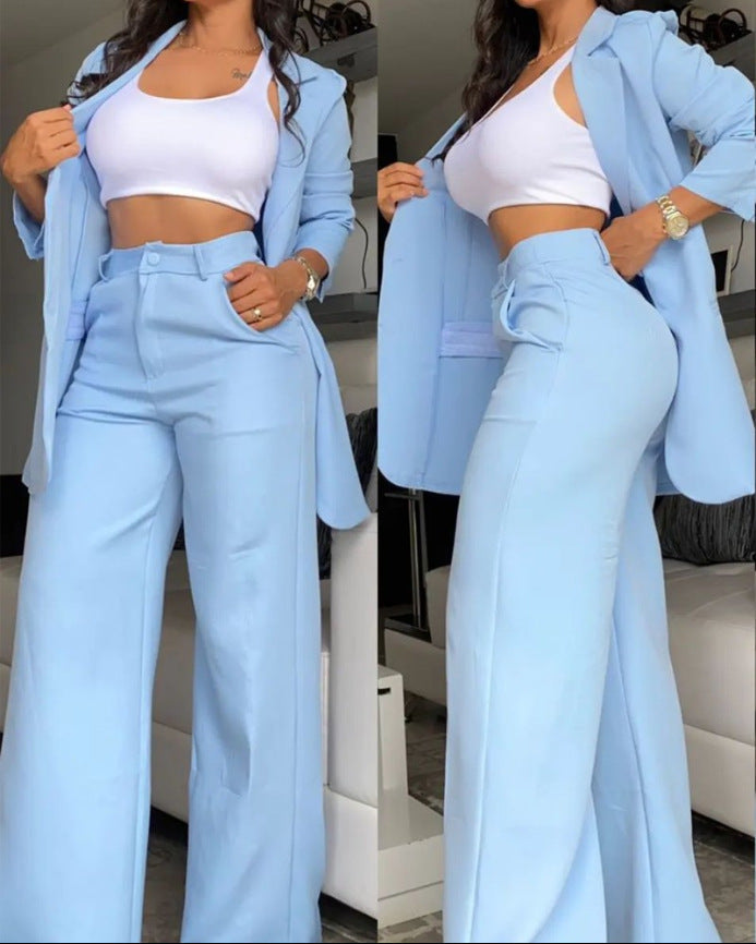 Elegant Solid Color Split Sleeve Lapel Blazer Straight Pants Suit