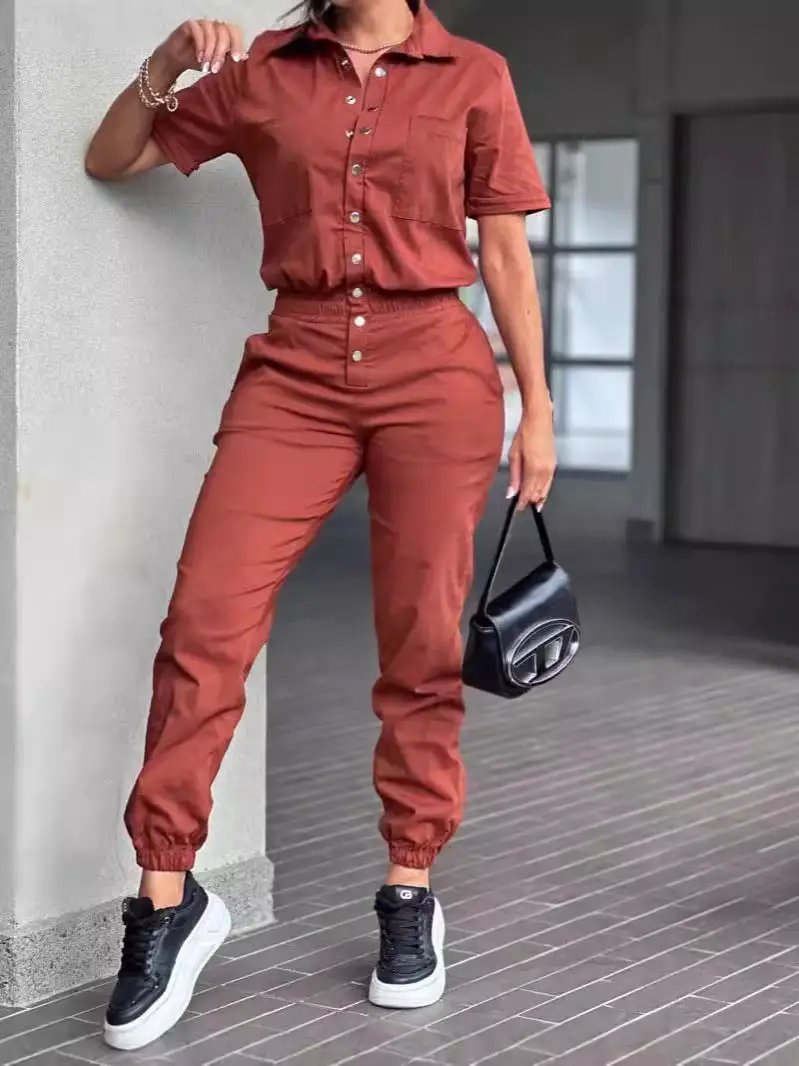 Casual Women Ankle Tied Jumpsuit Collared Pocket Waist Elastic Button Jumpsuit by Wanita Store