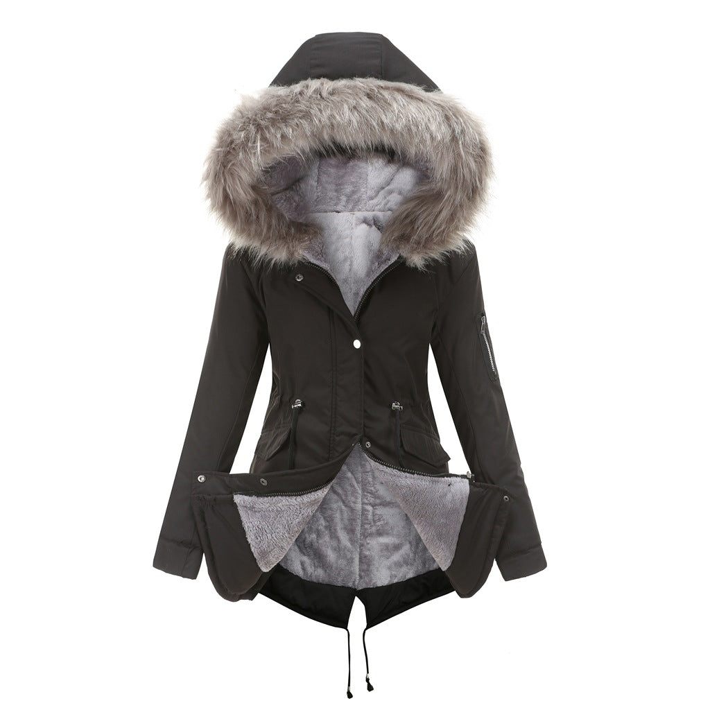 Großer Pelzkragen Verdickter Damen Steppmantel Mittellanger Kapuzen Winter Warmer Fleece-Mantel Steppmantel