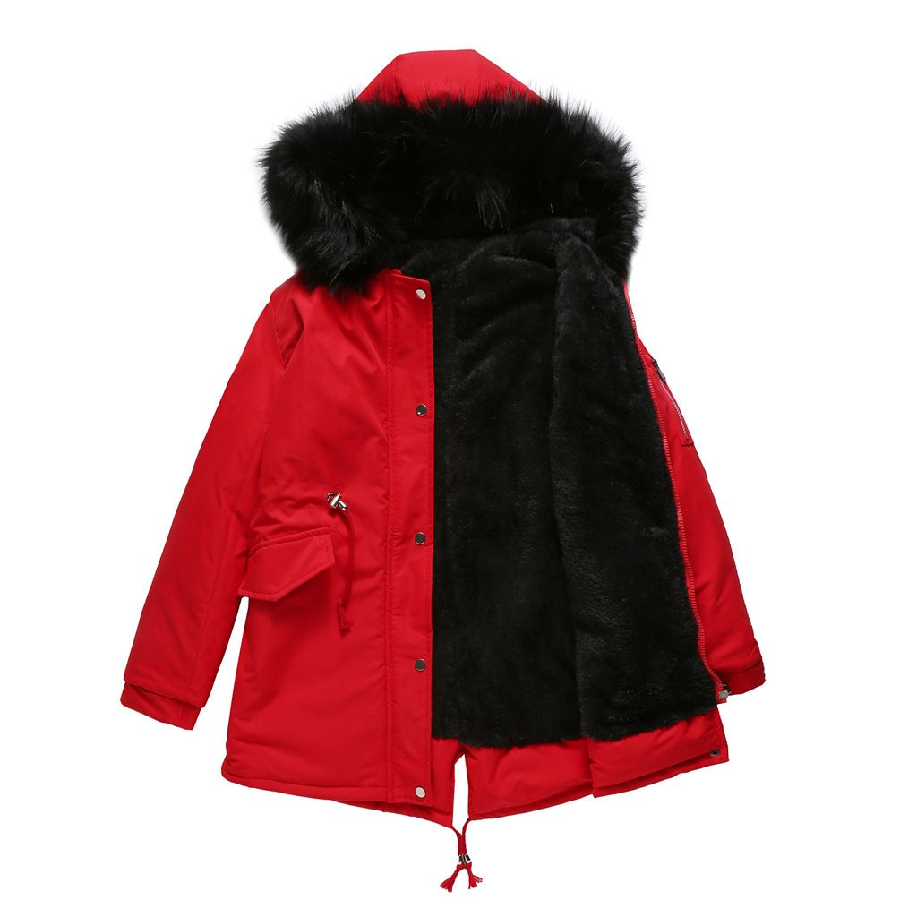 Großer Pelzkragen Verdickter Damen Steppmantel Mittellanger Kapuzen Winter Warmer Fleece-Mantel Steppmantel
