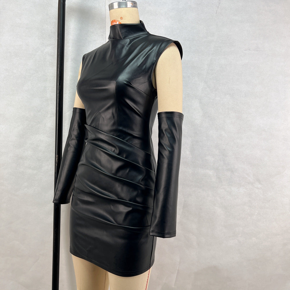 Damenbekleidung Straße Hipster Kunstleder Stehkragen Ärmellos Überschlag Scheide Plissiertes Kleid