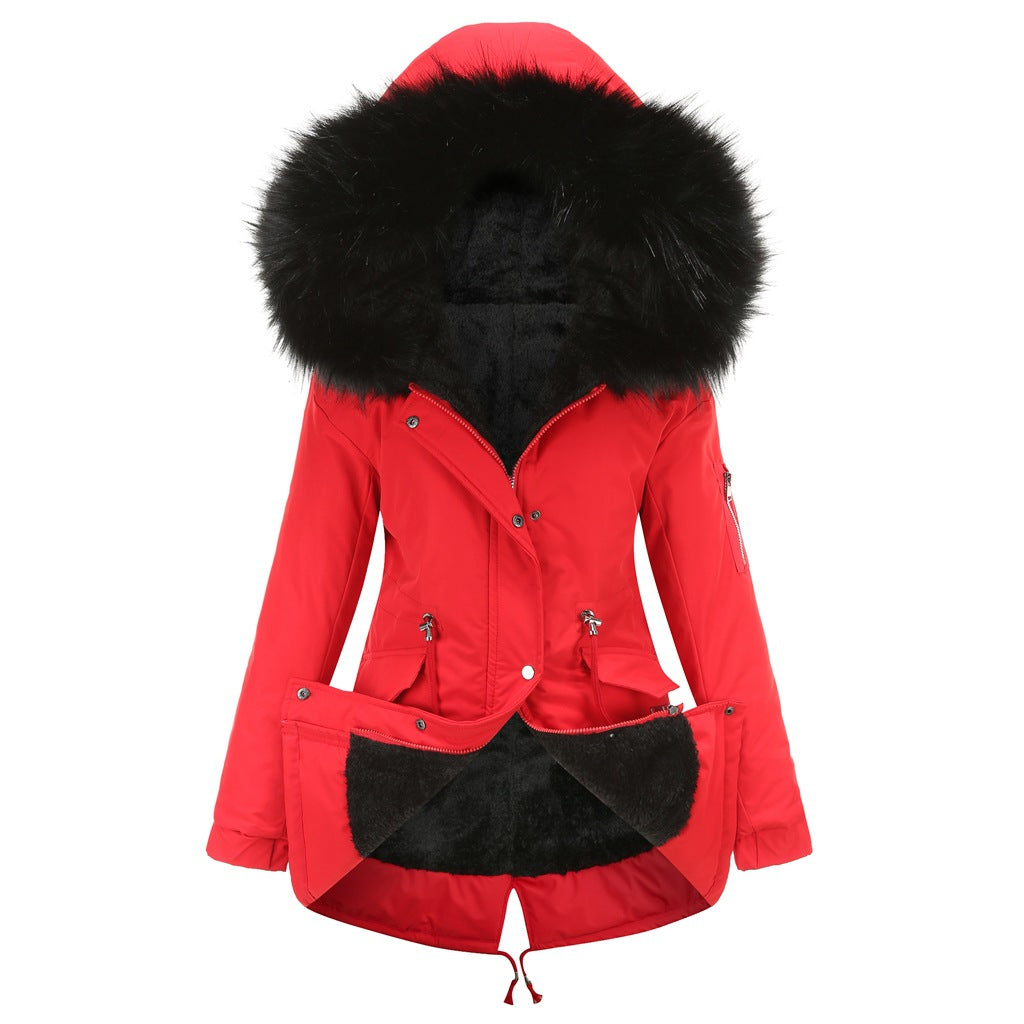 Großer Pelzkragen Verdickter Damen Steppmantel Mittellanger Kapuzen Winter Warmer Fleece-Mantel Steppmantel