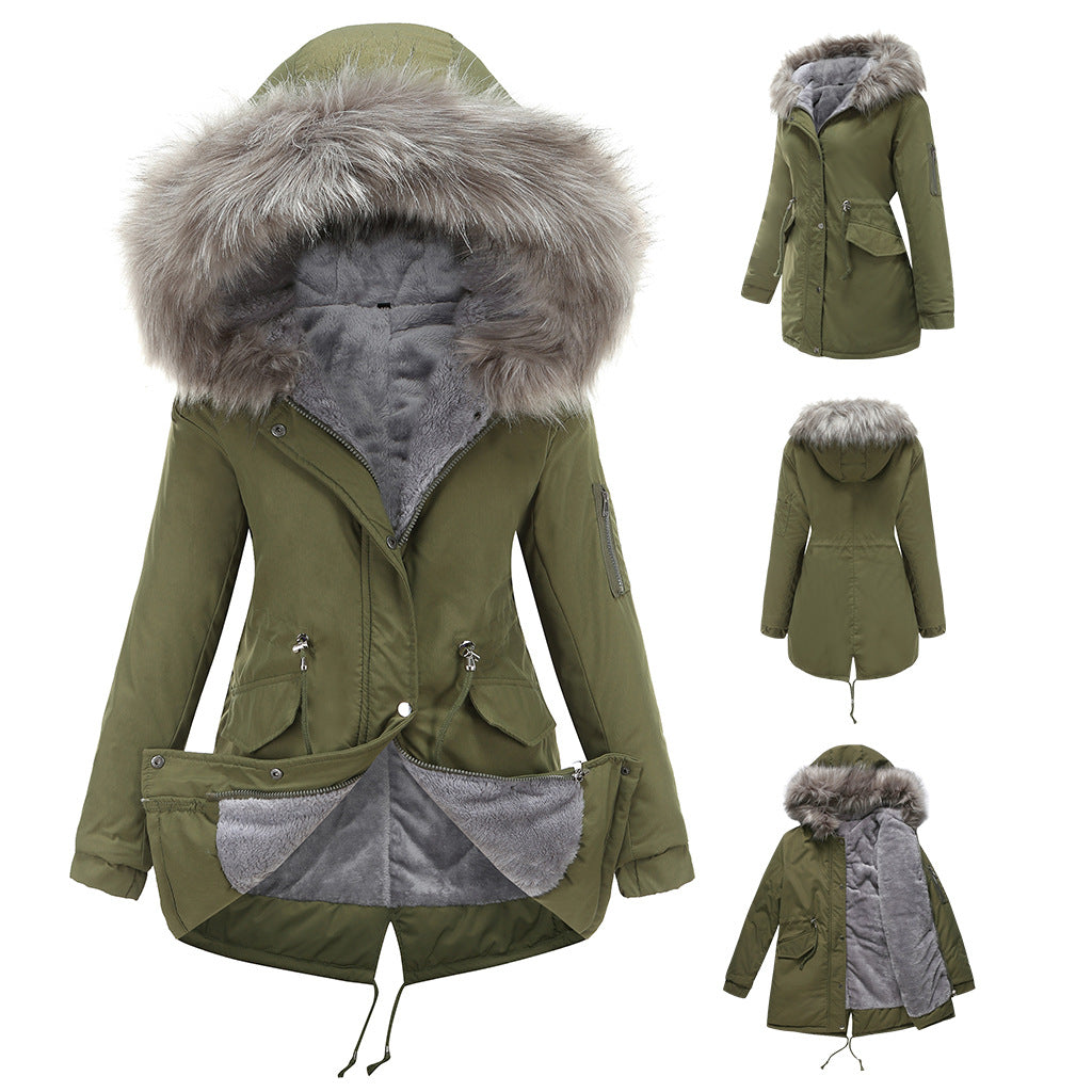 Großer Pelzkragen Verdickter Damen Steppmantel Mittellanger Kapuzen Winter Warmer Fleece-Mantel Steppmantel