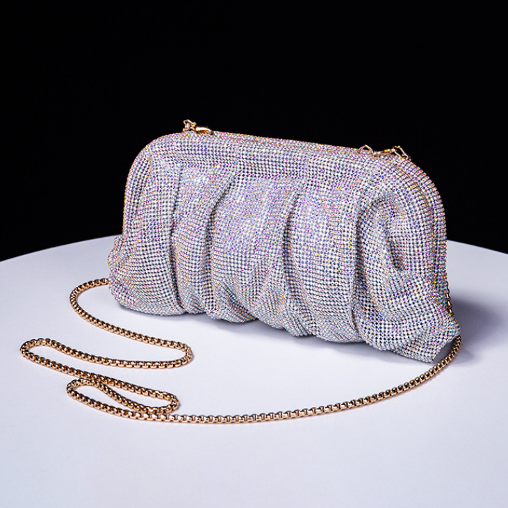 Hochwertige, handgefertigte, rautenbesetzte Clutch, plissierte Kette, Strass-Wolken-Clip-Abendtasche, Umhängetasche mit einer Schulter