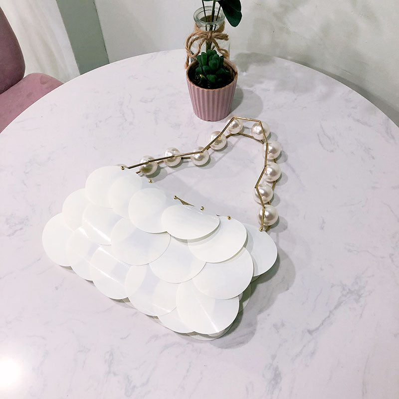 Lässige Perlen-Waffel-Tasche mit Platin-Pailletten, handgefertigt, Perlenhandtasche für Damen