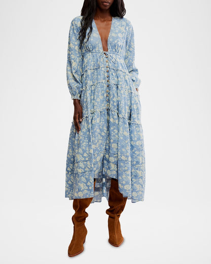 Free People Pappiet MIDI Womens Dress Bluebell Combo, Medium