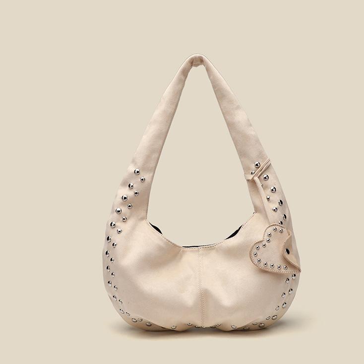Herbst Winter Wildleder Damen Tasche Schulter Umhängetasche Nieten Mattiert Halbmond Achselhöhle Lässige Tragetasche Handtasche