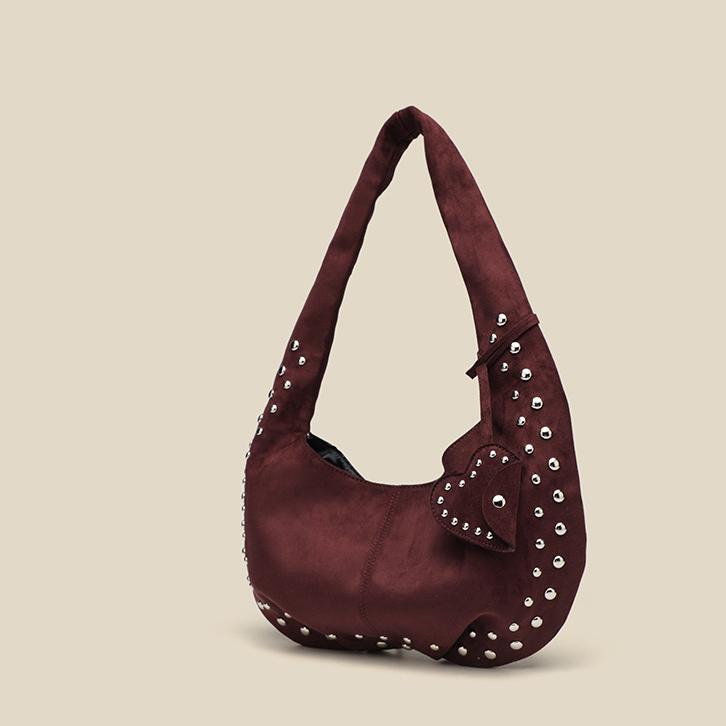 Herbst Winter Wildleder Damen Tasche Schulter Umhängetasche Nieten Mattiert Halbmond Achselhöhle Lässige Tragetasche Handtasche