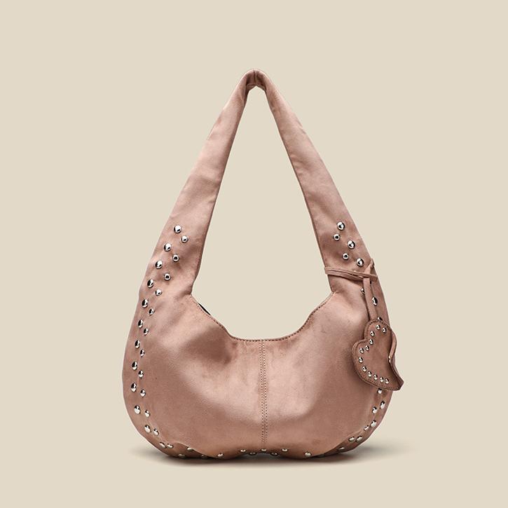 Herbst Winter Wildleder Damen Tasche Schulter Umhängetasche Nieten Mattiert Halbmond Achselhöhle Lässige Tragetasche Handtasche