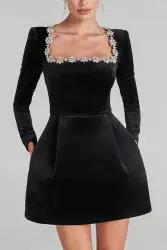 Women Spring Clothing Elegant Square Collar Diamond Inlaid Short Velvet Dress by Wanita Store