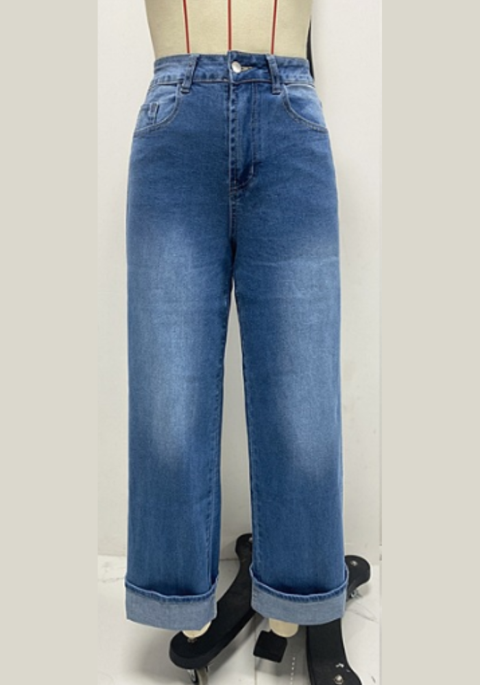 Frühling Elastische Straight Jeans Damen Qualität Retro Geschwungener Saum Hohe Taille Hose