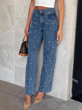 Damenbekleidung Schräge Taille Kreuz Vintage Perlen Baggy Straight Burr Denim Hose