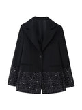 Spring Women Casual Artificial Jewelry Inlaid Embroidered Blazer High Waist Shorts Set