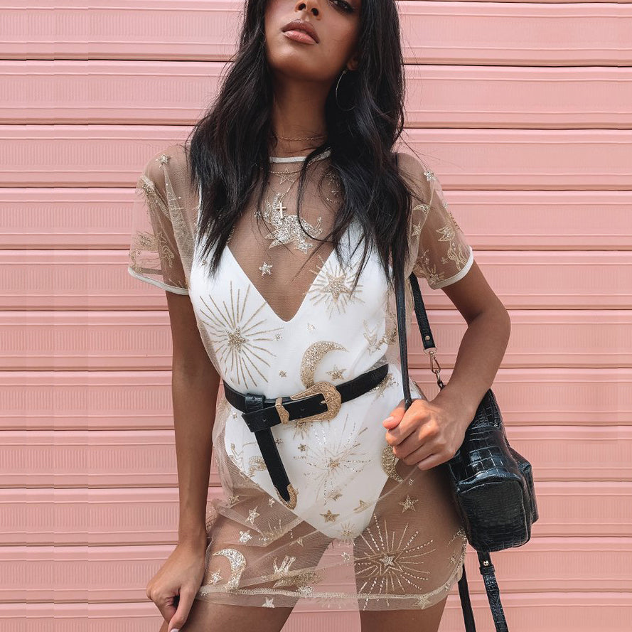 Sexy Durchsichtig Tüll Pailletten Sonnenschutz T-Shirt Kleid Damen