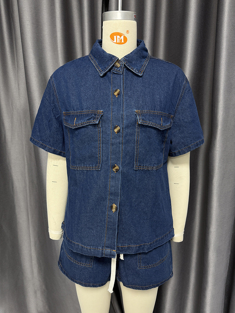 Retro Casual Loose Pockets Short Sleeved Shirt Shorts Denim Two Piece Sets