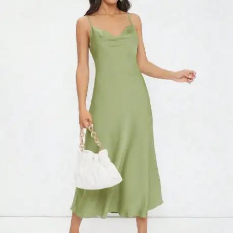 Women Clothing Spring Summer Satin Sling Deep V Plunge neck Slim Solid Color Dress by Wanita Store