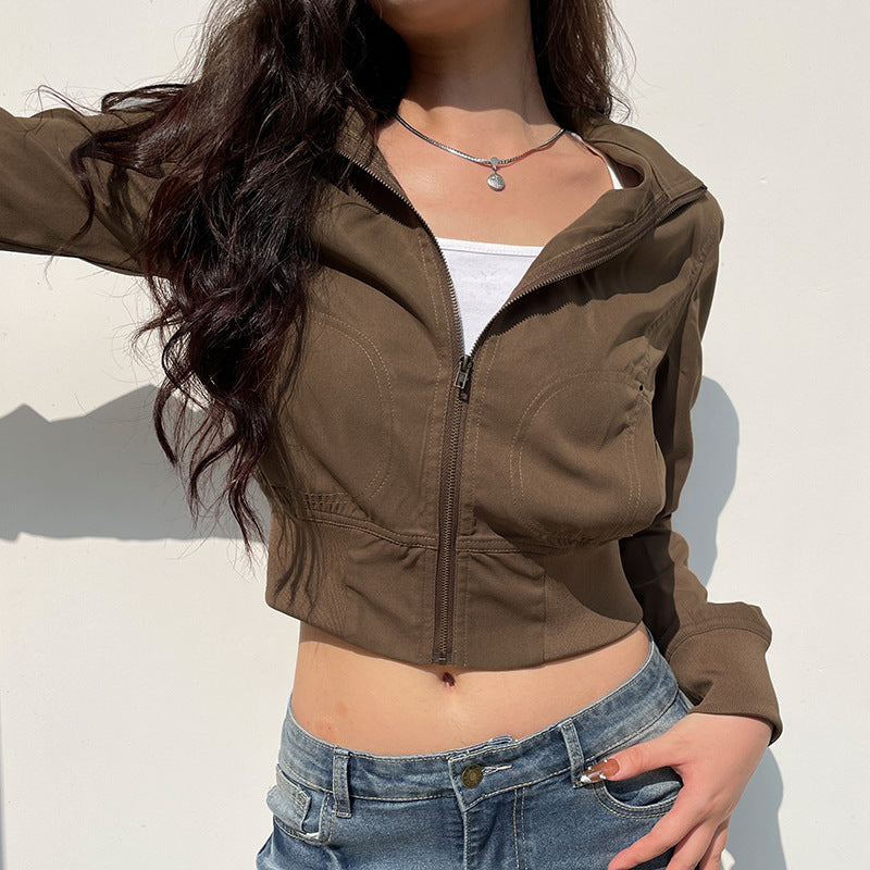 Vintage Brown High-Neck Slim-Fit Jacket