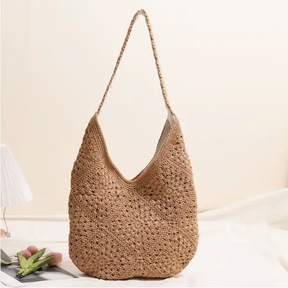 Casual Large Capacity Cotton Thread Woven Bag Hand Crocheted Floral Shoulder Bag Vacation Beach Bag Women Bag by Wanita Store