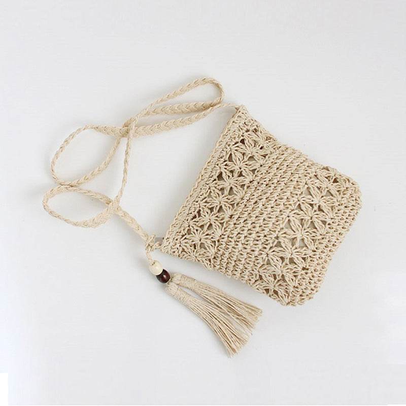 Holzperlen Quaste Strohtasche Hohle Ausgeschnittene Florale Umhängetasche Quasten Strohtasche Gewebte Tasche Urlaub Strandtasche