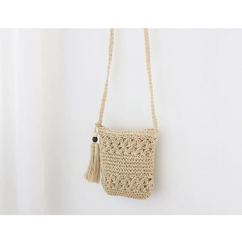 Holzperlen Quaste Strohtasche Hohle Ausgeschnittene Florale Umhängetasche Quasten Strohtasche Gewebte Tasche Urlaub Strandtasche
