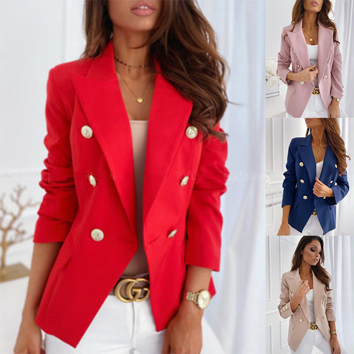 Frühlings Langarm Zweireiher Einfarbig Stehkragen Kleiner Blazer