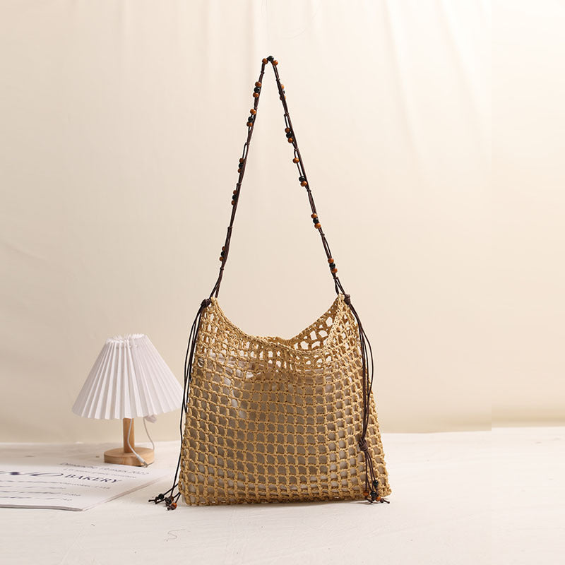 Sommer Strohgewebte Tasche mit Schnürmuster, geeignet für Damen, Strandurlaub, Strandtasche