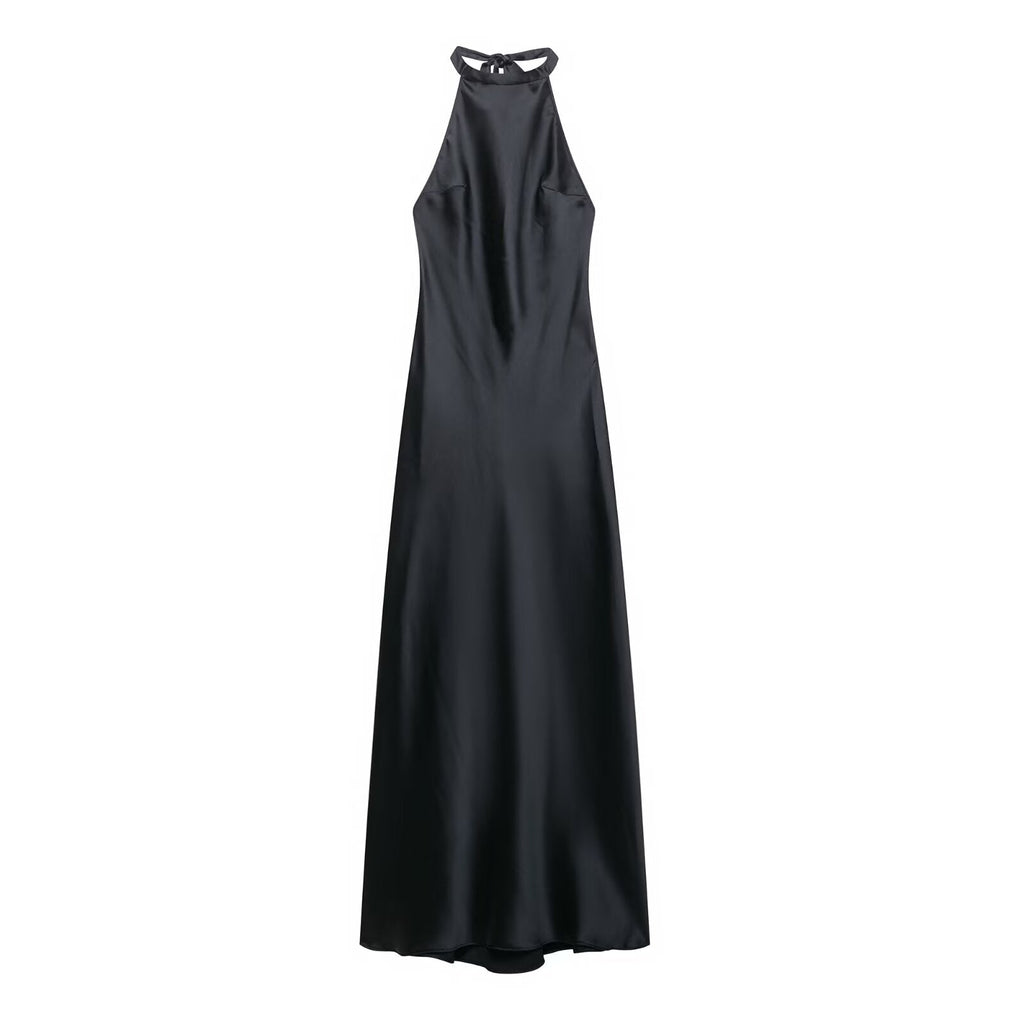 Summer Hanging Collar Silk Satin Texture Dress
