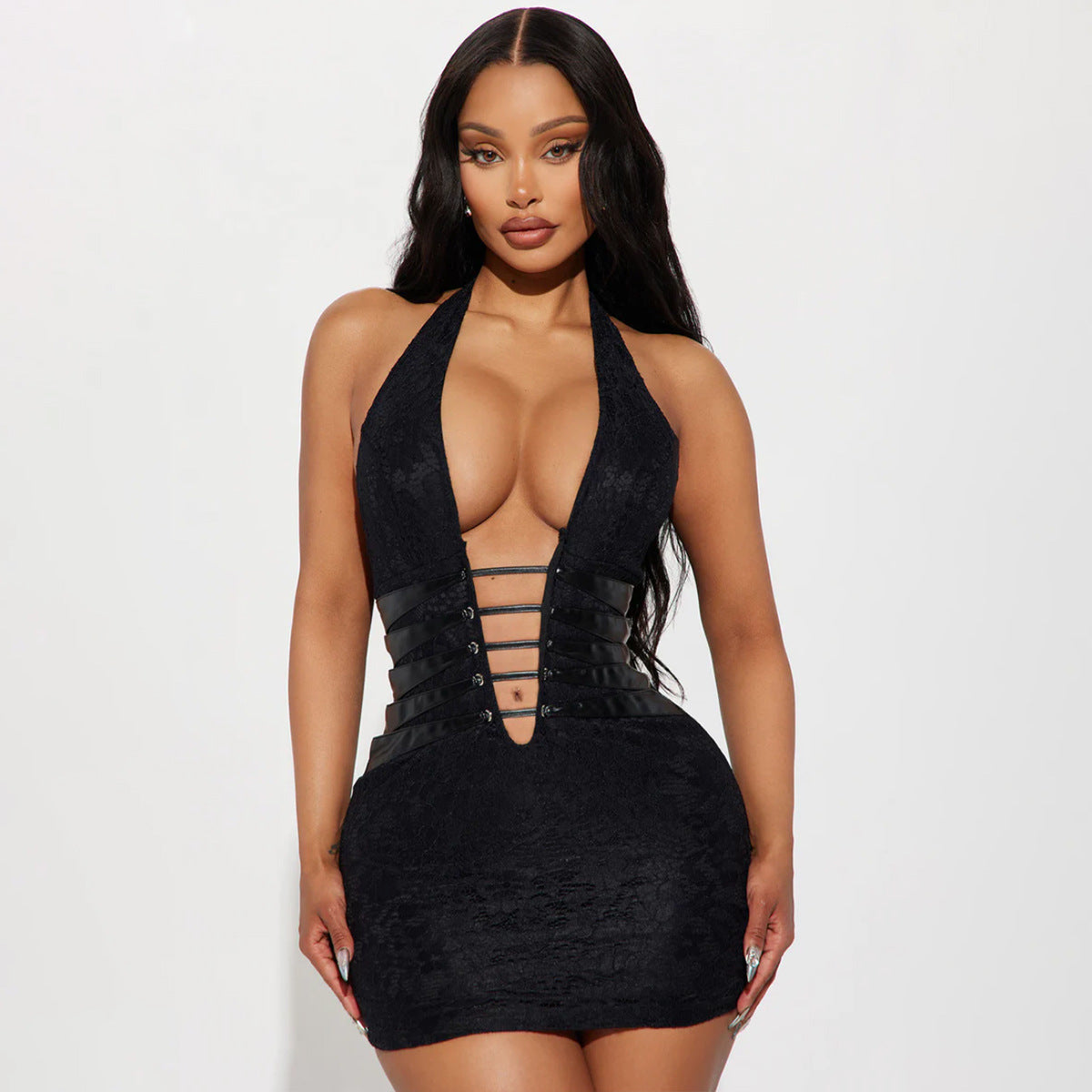 Damen Sexy Tiefer V-Ausschnitt Cutout Rückenloses Nachtclub Neckholder Etuikleid
