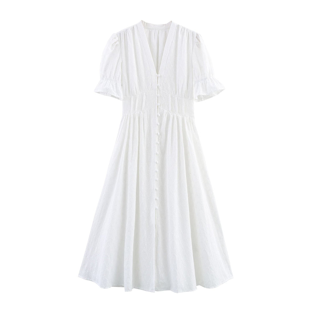 Elegantes, ausgehöhltes, besticktes Kleid mit Taillenausschnitten, V-Ausschnitt, figurbetont, Brustpartie, kurze Ärmel