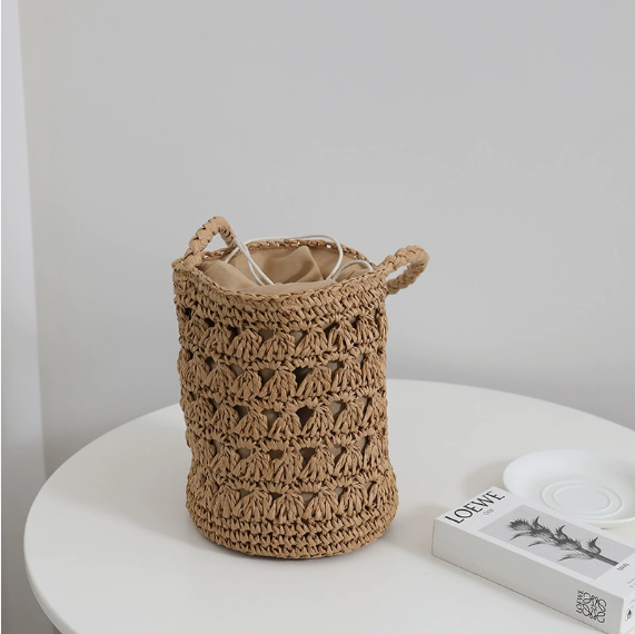 Frische Strohtasche Sommer Gewebte Tragetasche All Matching Hohl Out Cutout Eimer Rattangeflecht Tasche Damen Tasche
