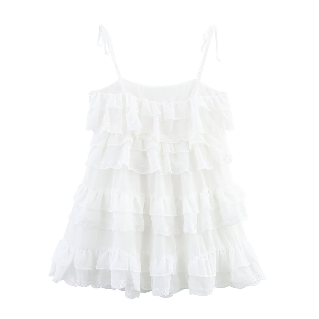 Women Clothing Summer French Embroidery Laminated Decoration Short Strap Dress