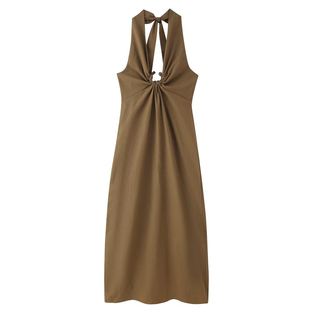 Women Clothing Spring Buckle Decoration Pleated Hanging Collar Dress