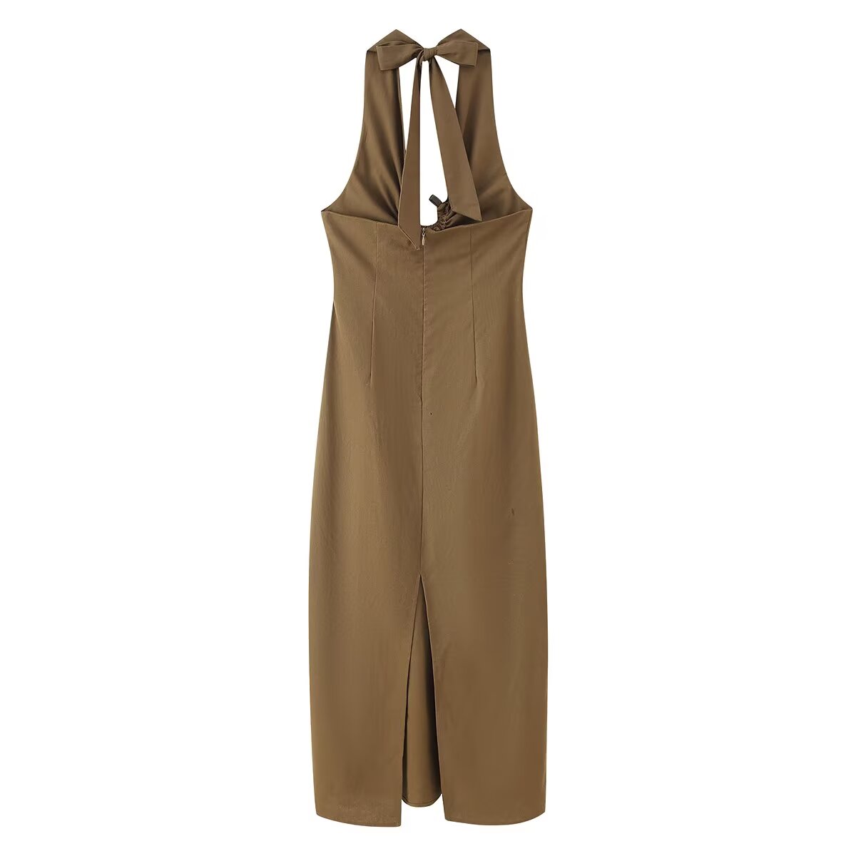 Women Clothing Spring Buckle Decoration Pleated Hanging Collar Dress