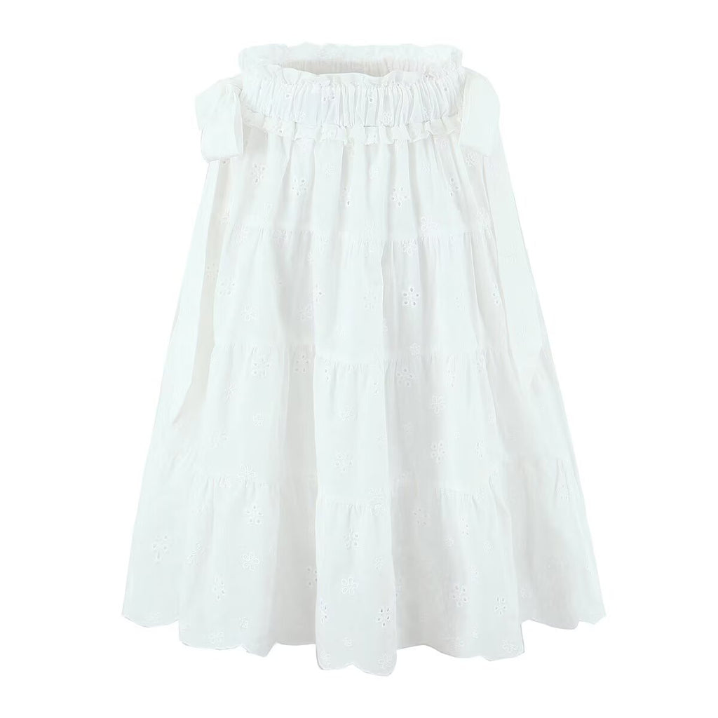 Gentle Sweet Cutout Embroidered Big Hem A line Skirt White Skirt Spring Summer High Waist Midi Skirt