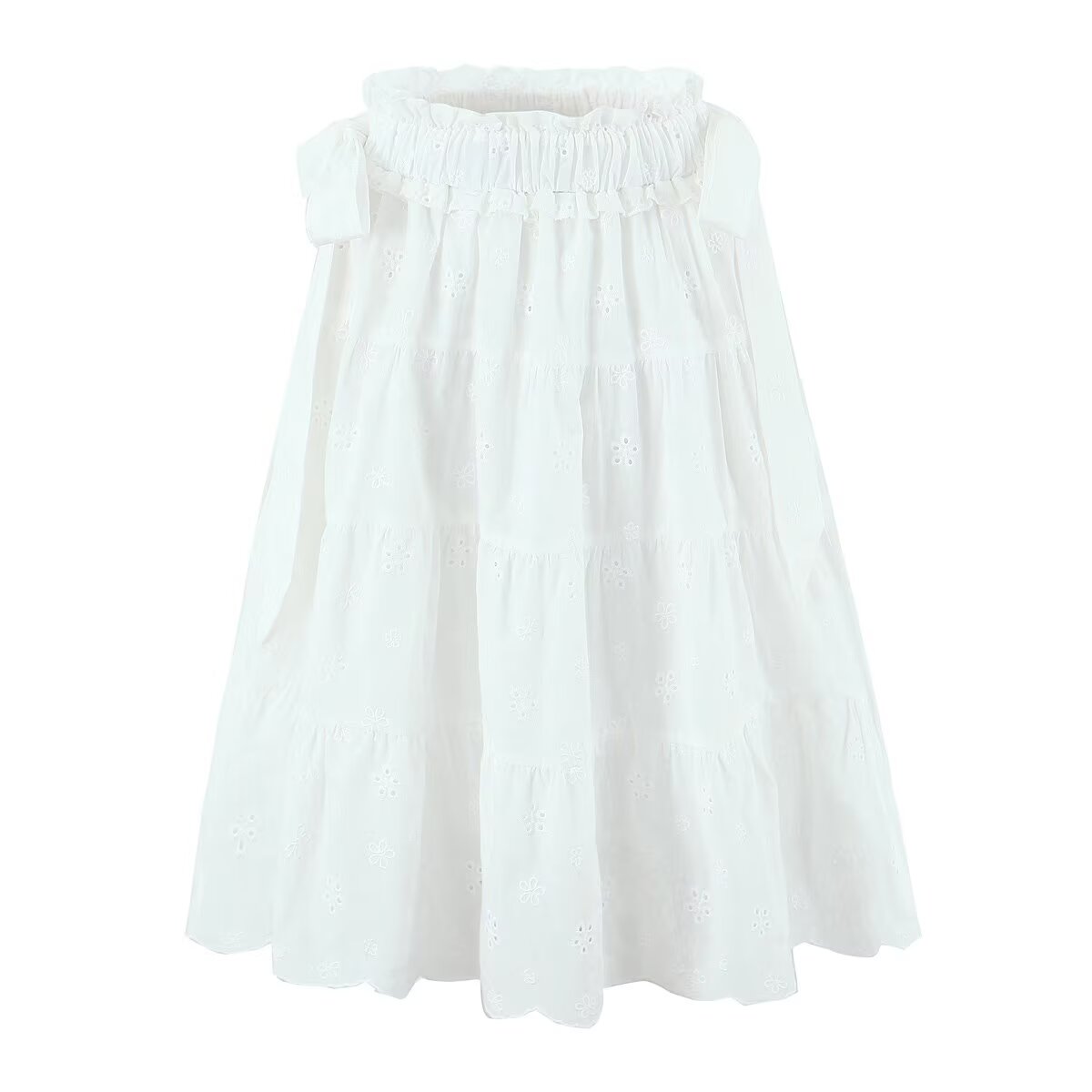 Gentle Sweet Cutout Embroidered Big Hem A line Skirt White Skirt Spring Summer High Waist Midi Skirt