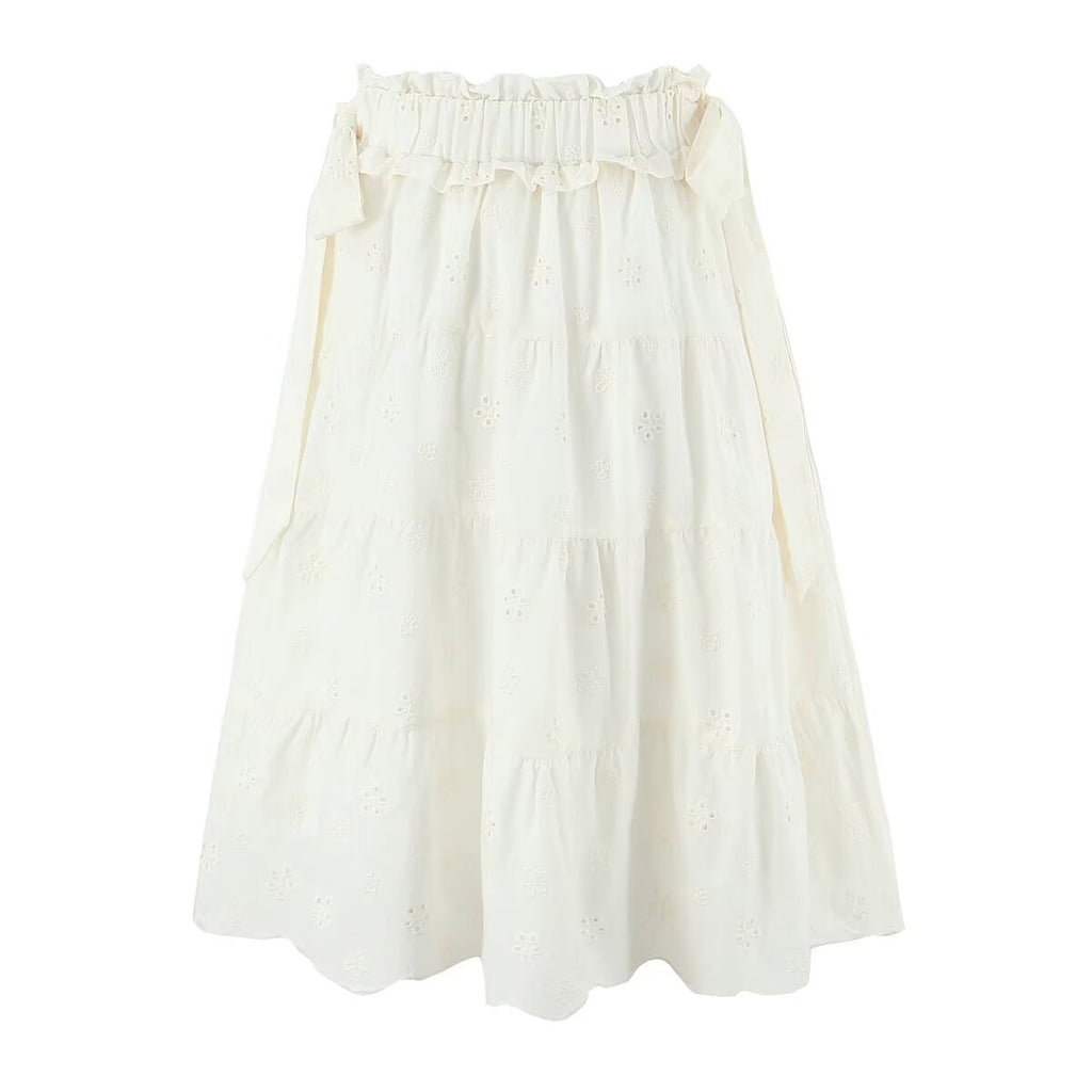 Gentle Sweet Cutout Embroidered Big Hem A line Skirt White Skirt Spring Summer High Waist Midi Skirt