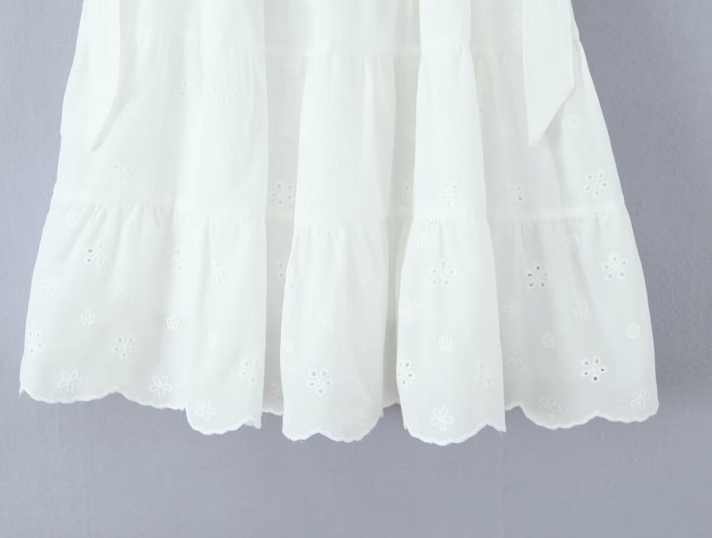 Gentle Sweet Cutout Embroidered Big Hem A line Skirt White Skirt Spring Summer High Waist Midi Skirt