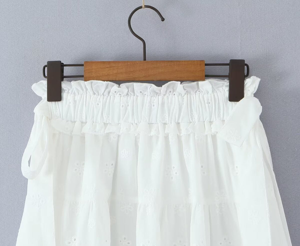Gentle Sweet Cutout Embroidered Big Hem A line Skirt White Skirt Spring Summer High Waist Midi Skirt