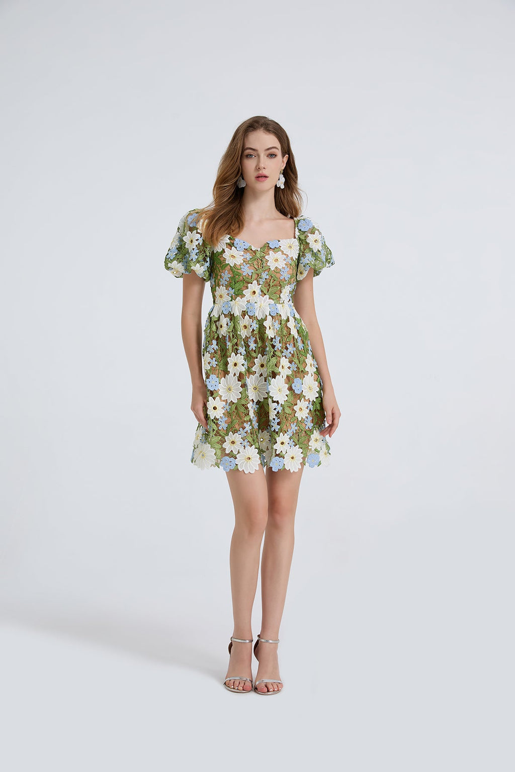 Damen Sommer Spitzenstickerei Puffärmel Kleid