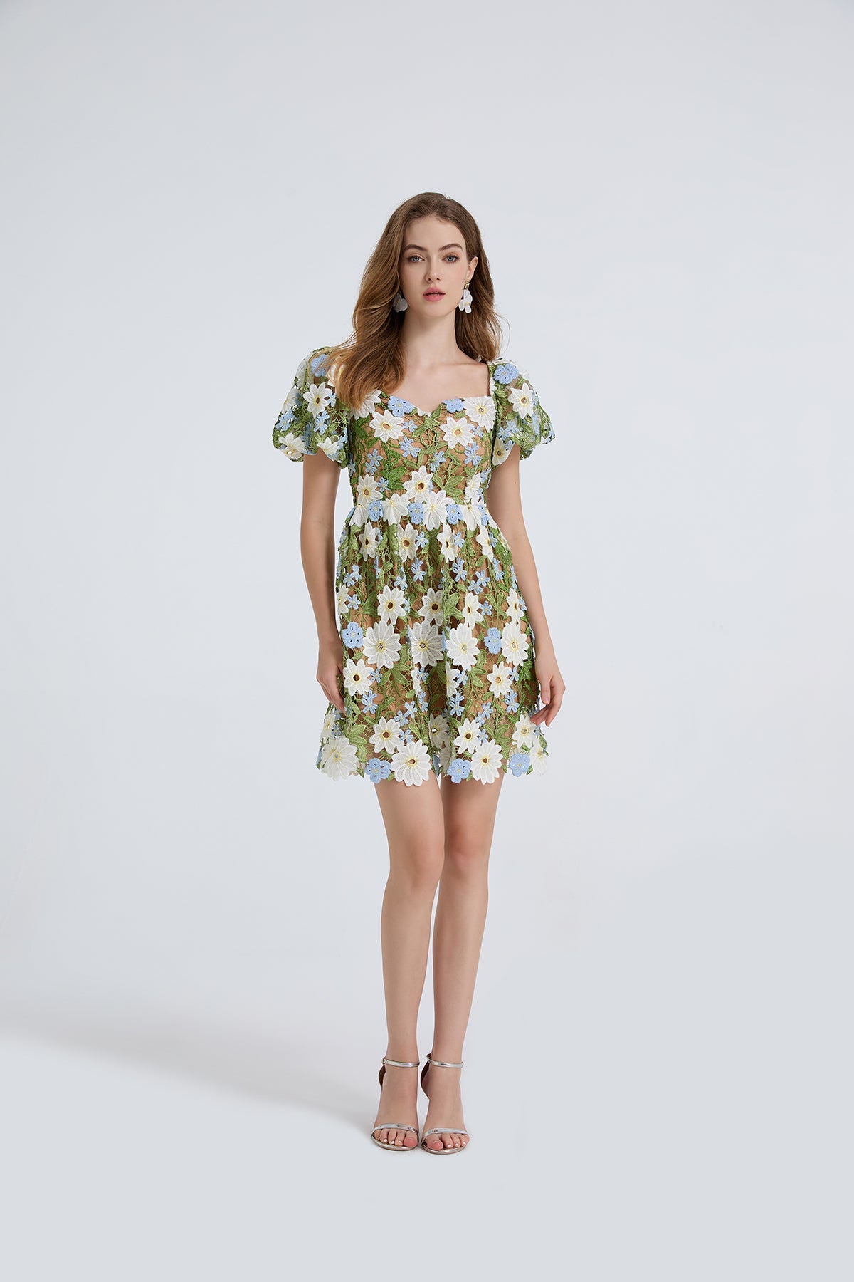 Damen Sommer Spitzenstickerei Puffärmel Kleid