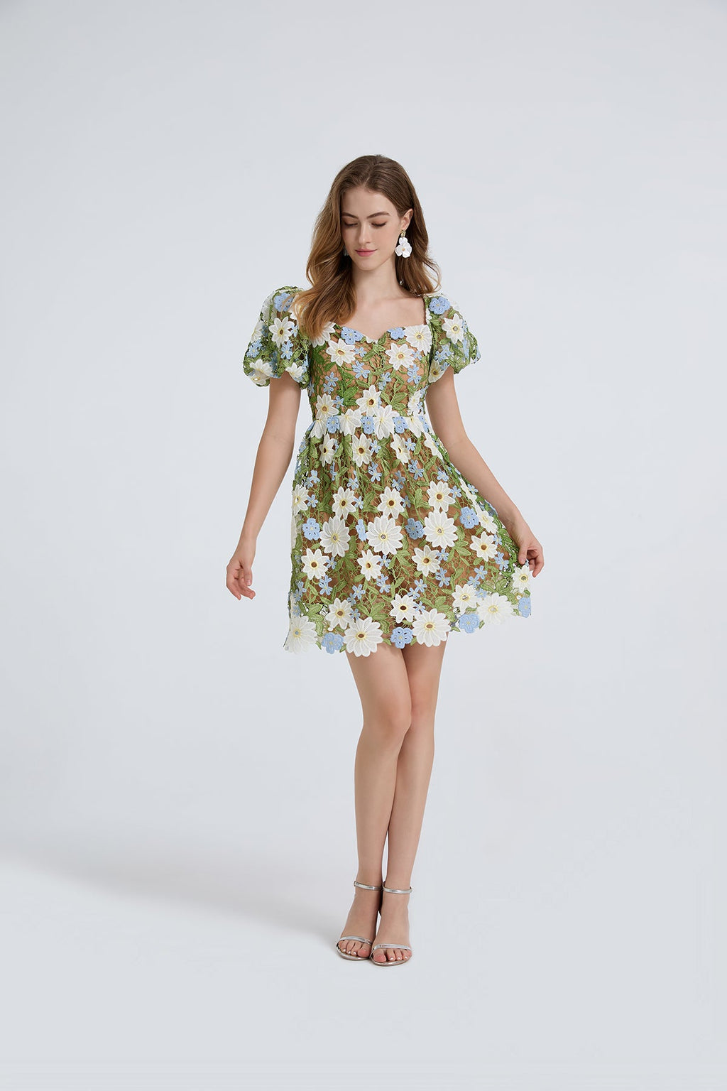 Damen Sommer Spitzenstickerei Puffärmel Kleid