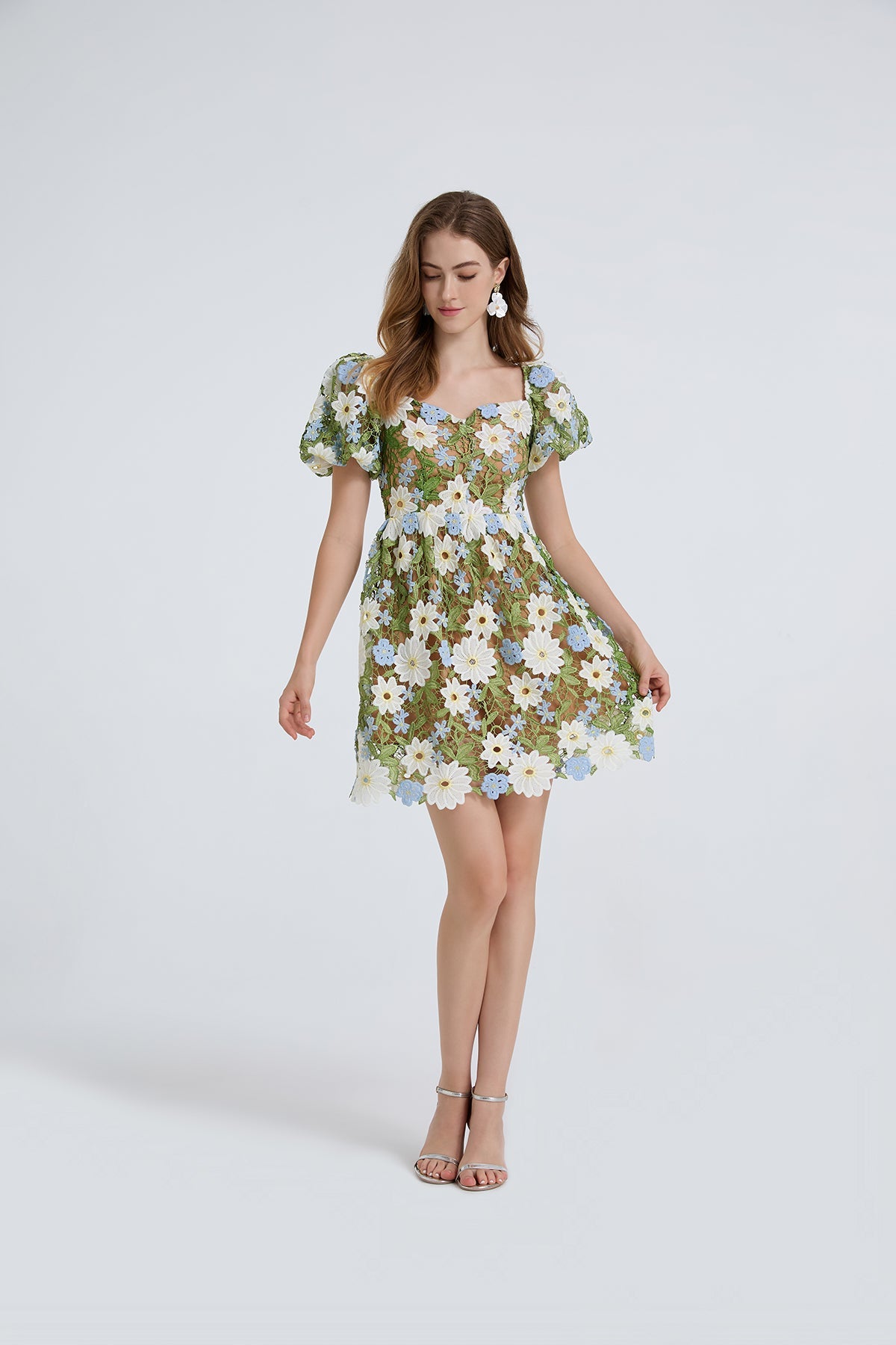 Damen Sommer Spitzenstickerei Puffärmel Kleid