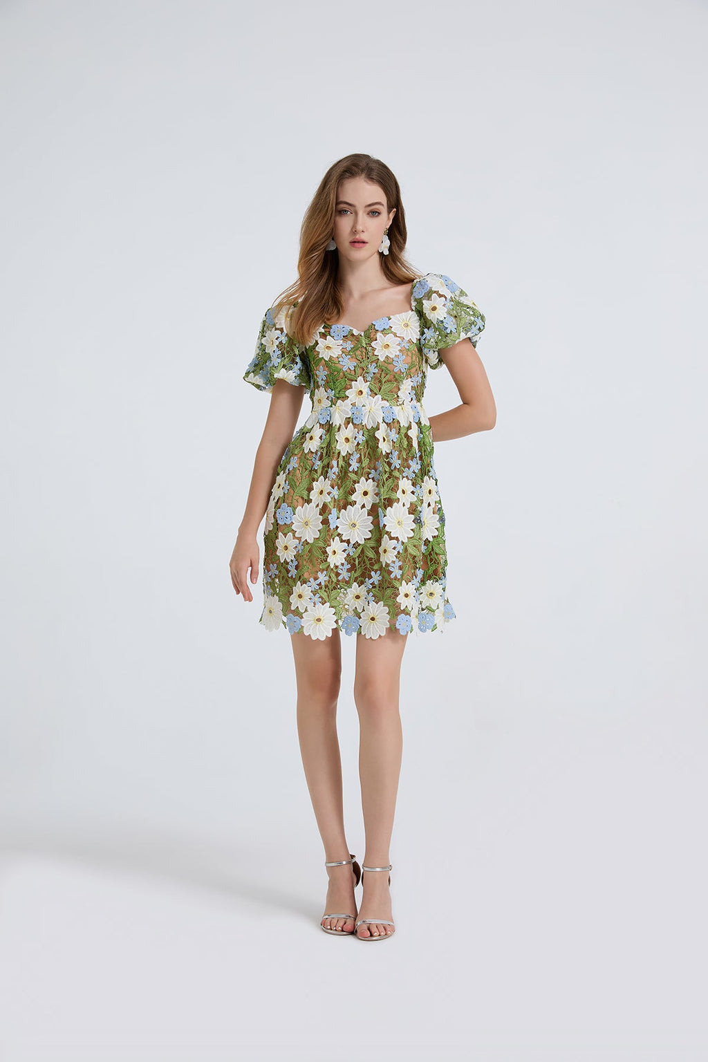 Damen Sommer Spitzenstickerei Puffärmel Kleid