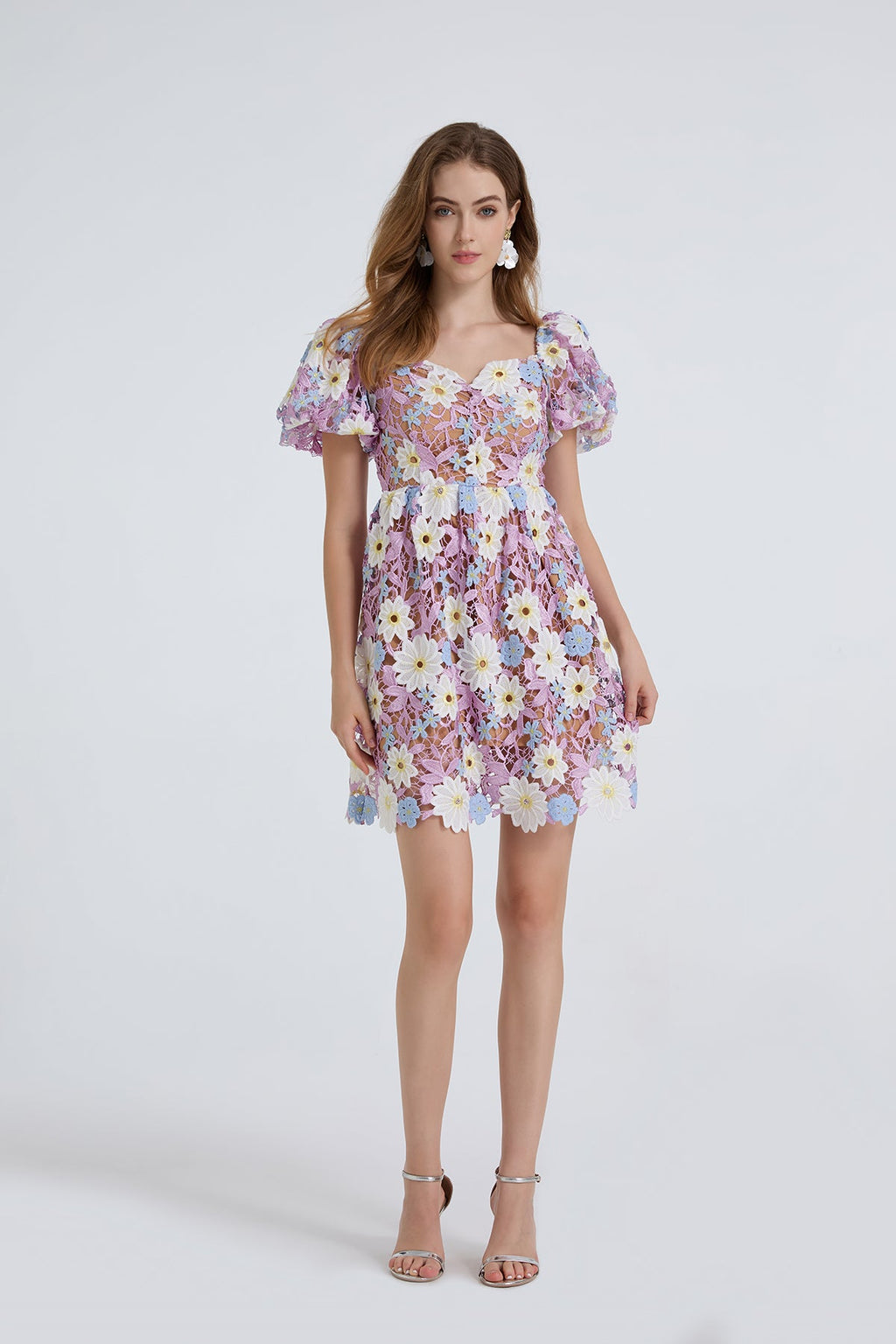 Damen Sommer Spitzenstickerei Puffärmel Kleid