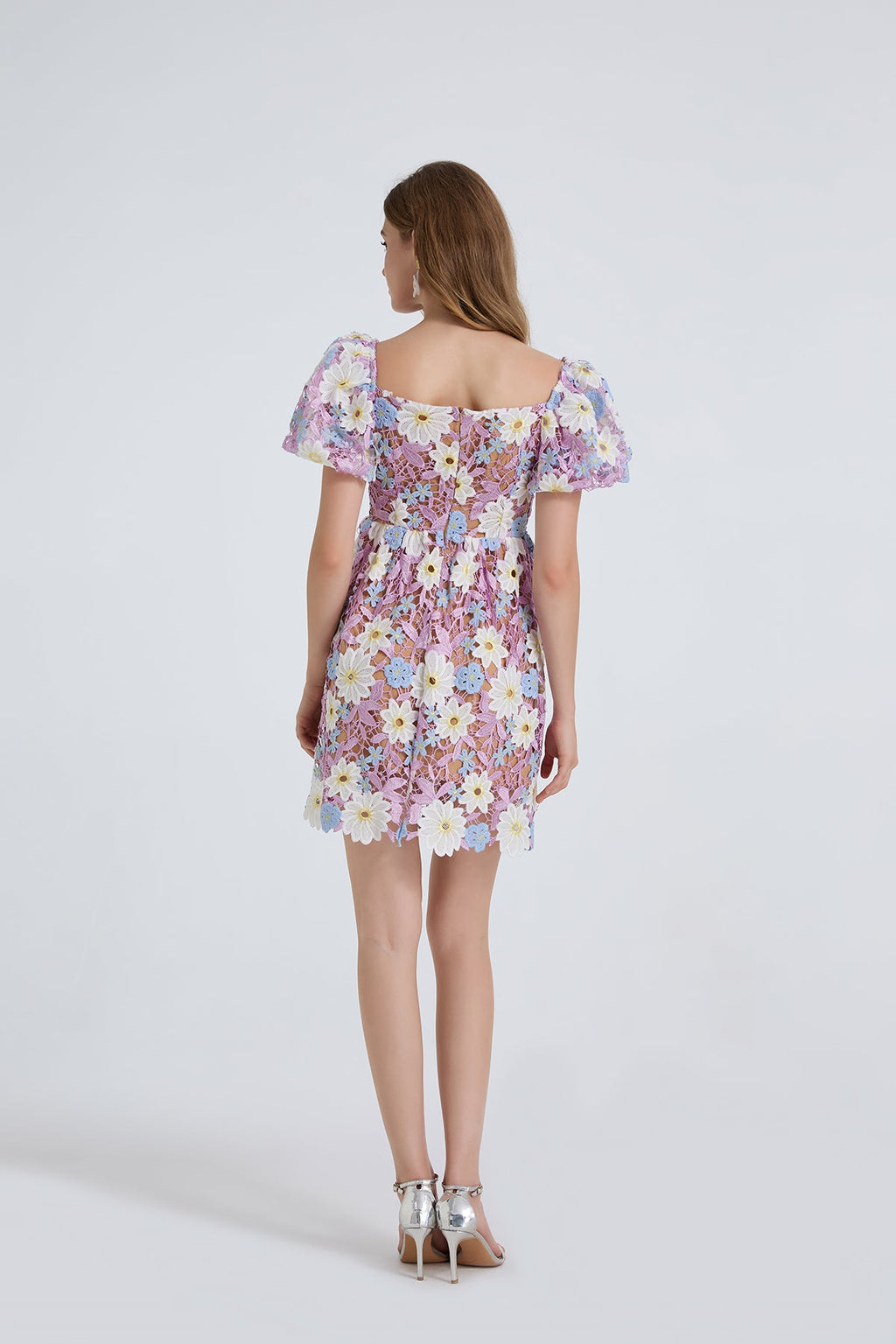 Damen Sommer Spitzenstickerei Puffärmel Kleid