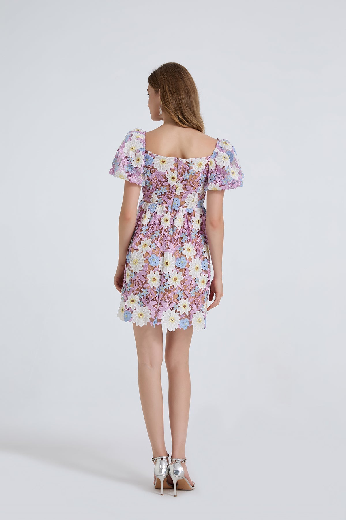 Damen Sommer Spitzenstickerei Puffärmel Kleid