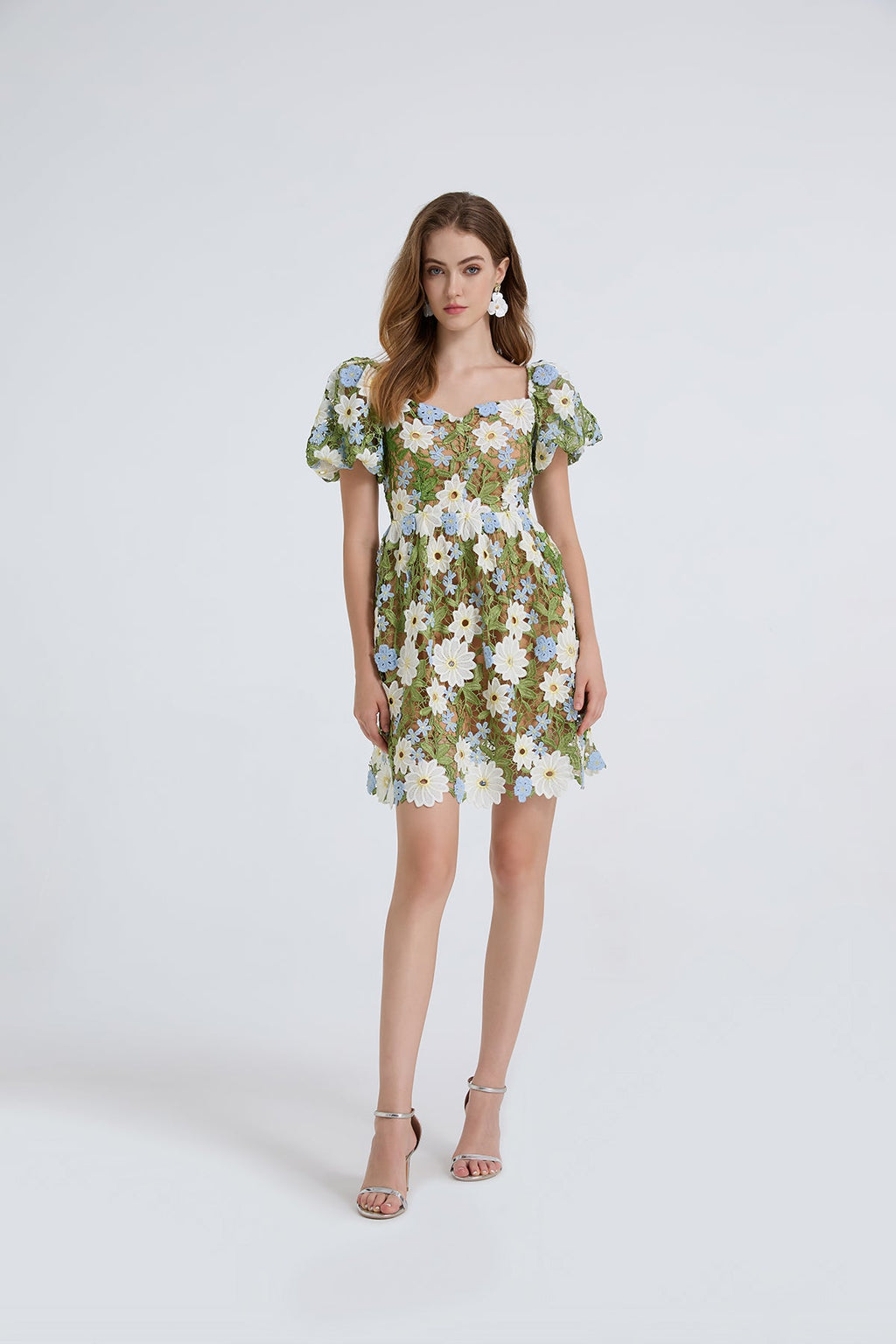 Damen Sommer Spitzenstickerei Puffärmel Kleid