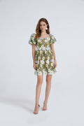 Damen Sommer Spitzenstickerei Puffärmel Kleid